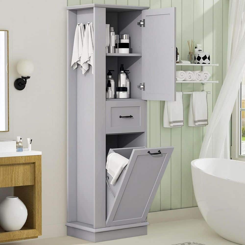 Tenleaf 20.3 in. W x 13.8 in. D x 67.8 in. H Gray Linen Cabinet Storage Cabinet w/ Tilt-Out Compartment, Adjustable Shelves (2)