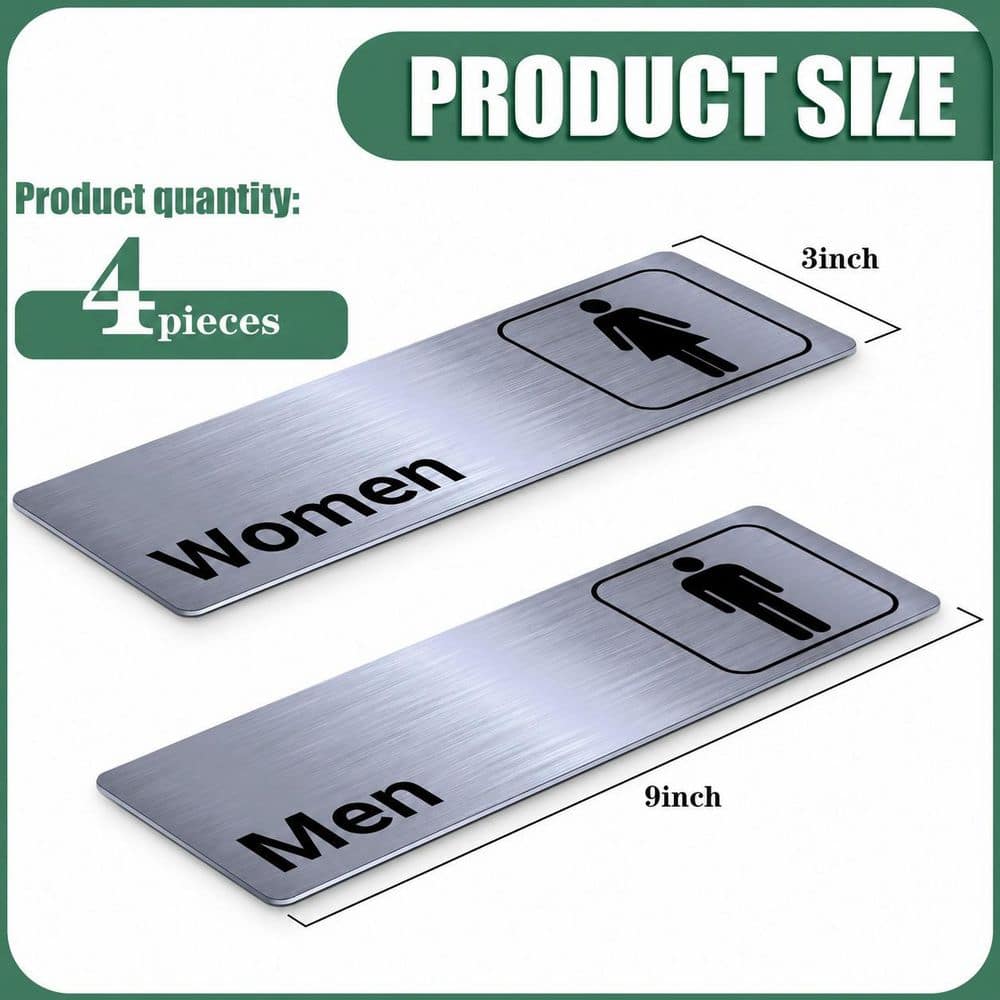 LAIFUCAM 4 Pack 9 in. Silvery Aluminum Self-Adhesive Restroom Door Signs Metal Bathroom Wall Decor for Offices Business (2)
