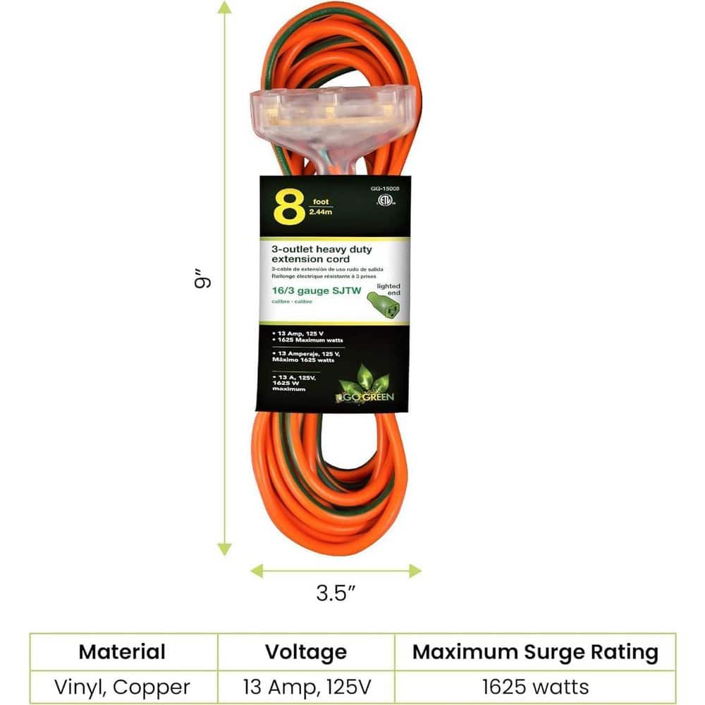 GoGreen Power (G-15008-2) 8 ft. 16/3 3 Outlet Indoor Heavy Duty Extension Cord, Orange, 2 PACK (2)