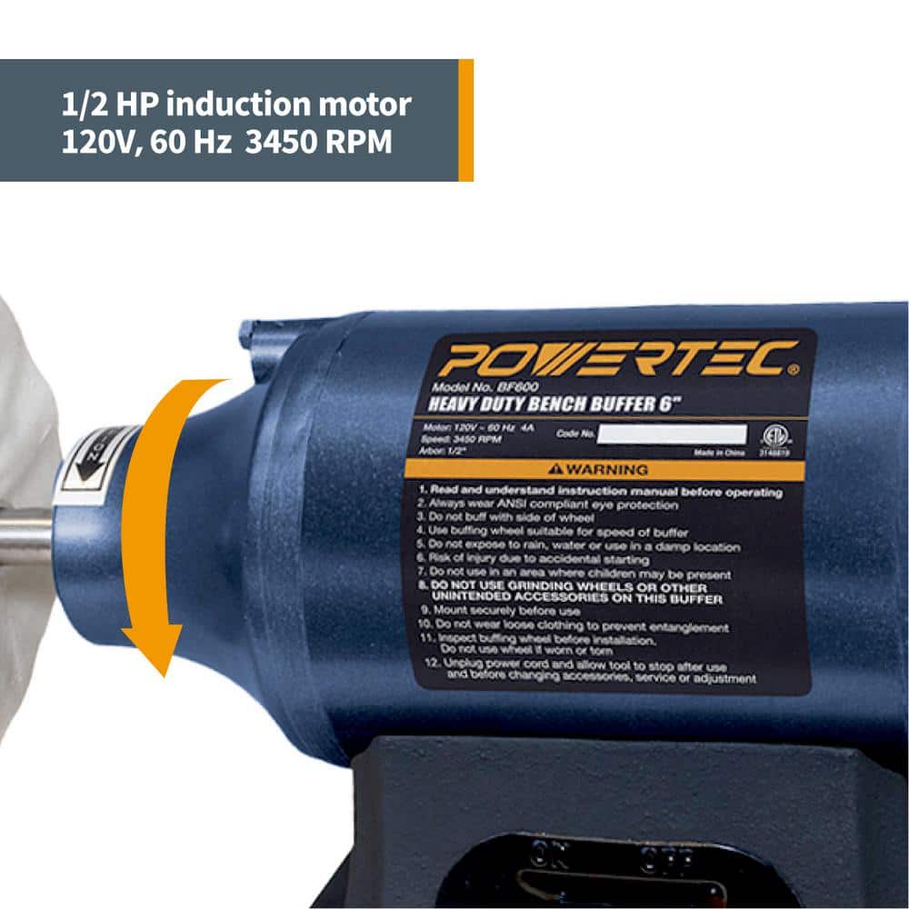 ‎POWERTEC 6 in. Heavy-Duty Bench Buffer with 2 Extra Thick Spiral Sewn Buffing Wheels (3)