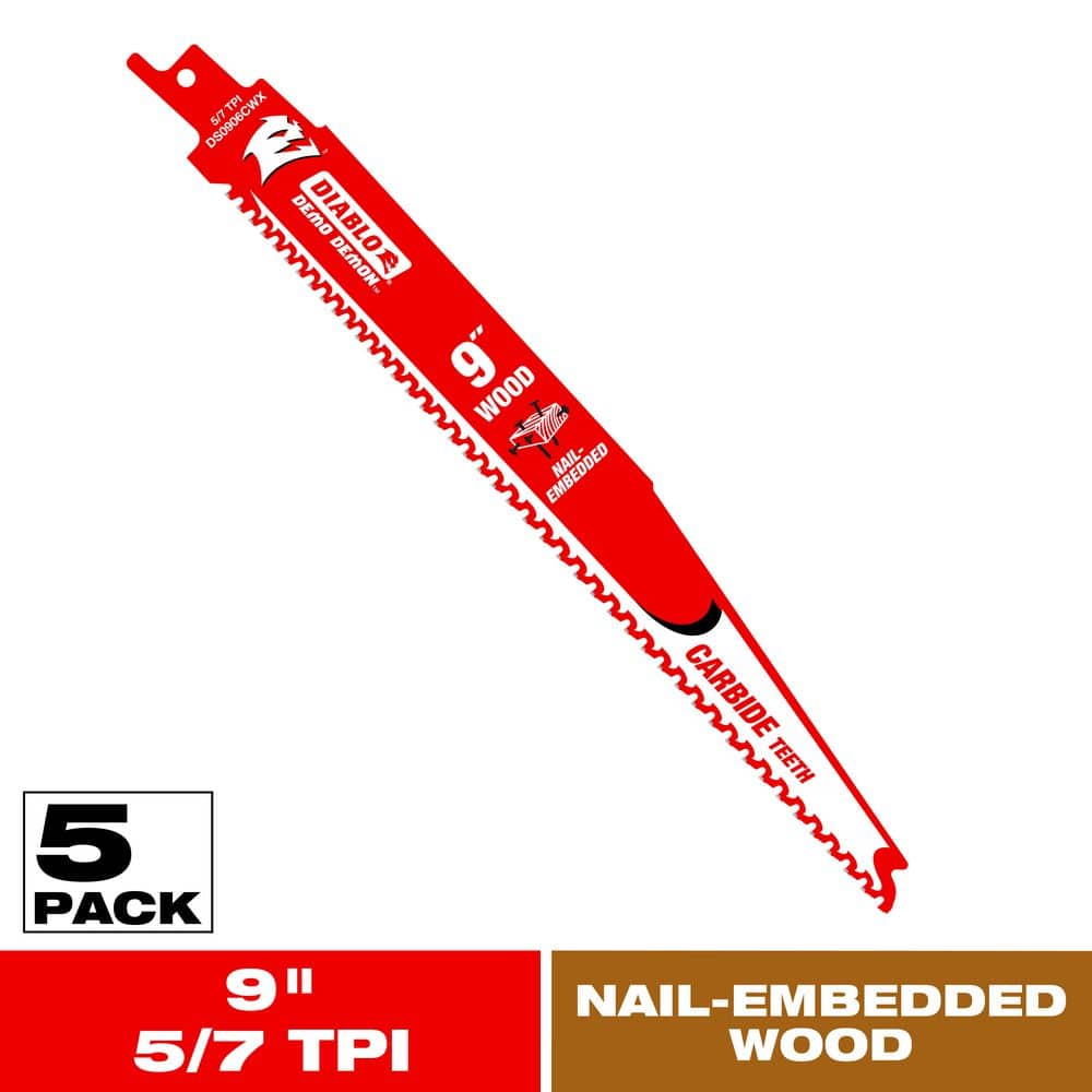 DIABLO 9 in. 5/7TPI Demo Carbide Reciprocating Blade for Nail-Embedded Wood (5-Pack)