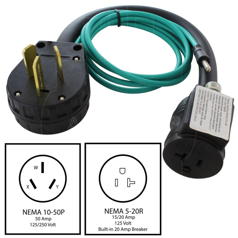 AC WORKS 1.5FT 50A 3-Prong 10-50P Dryer/Range/Welder Plug to Household Outlet with 20A Breaker (2)