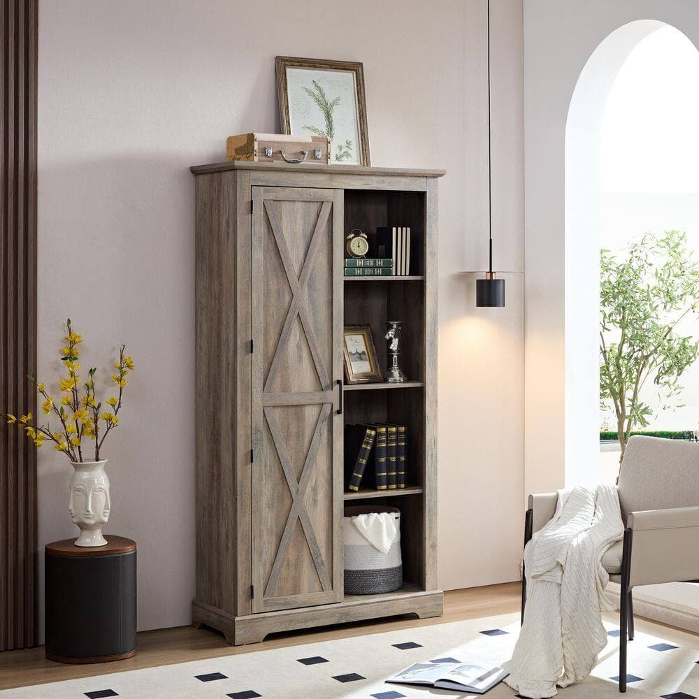 Tahanbath 15.75 in. W x 39.37 in. D x 74.40 in. H Gray MDF Freestanding Linen Cabinet with Shelves for Home in Gray Wash (2)