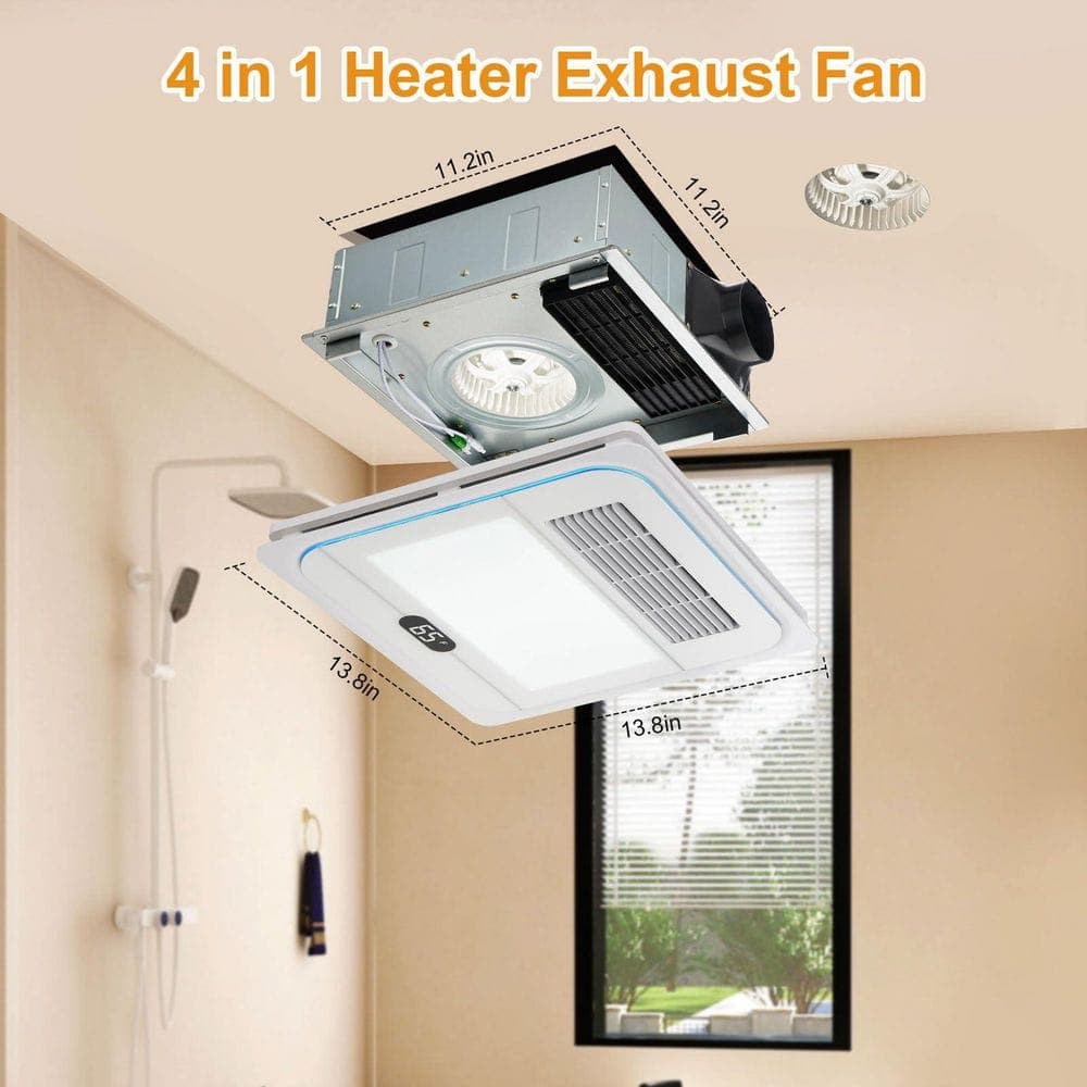 Wudkey 1-Piece 13.8 in. White Bathroom Exhaust Fan with Light and Heater, 1800W, 4 in 1, 220 CFM, 12W LED Light, 1.0 Sone (2)