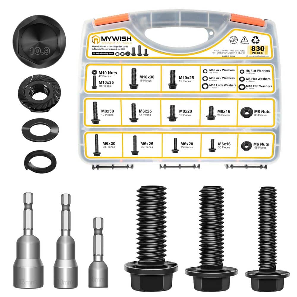MYWISH 830PCS M6, M8, M10 Bolt and Nut Kit with Washers, Flange Bolts (1)