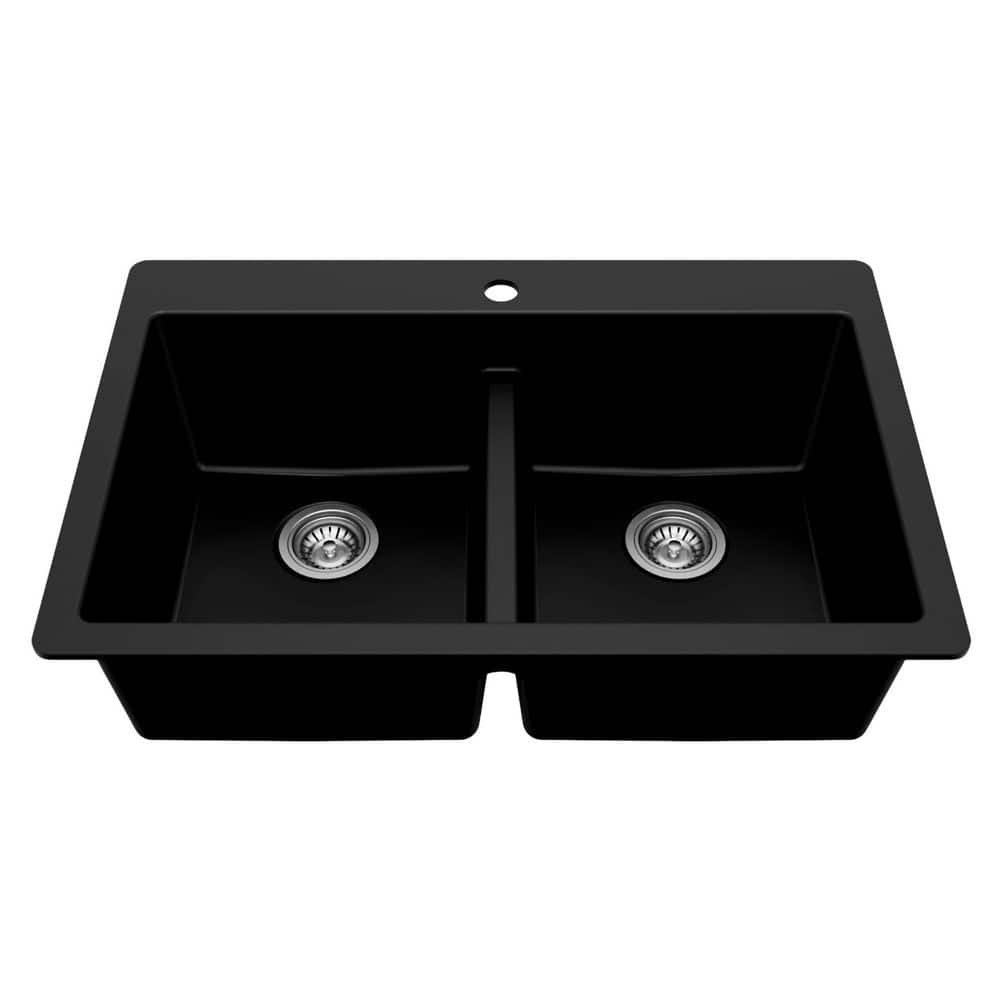 Glacier Bay Stonehaven 33 in. Drop-In 50/50 Double Bowl Black Granite Composite Kitchen Sink with Stainless Steel Strainers