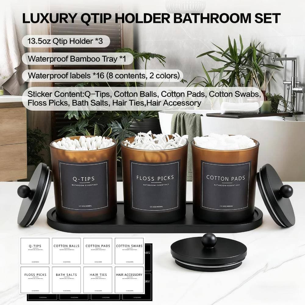Unbranded Amber Frosted Glass Apothecary Jars with Bamboo Lids, Waterproof Tray and Labels, 3-Pack Bathroom Organizer Set (2)