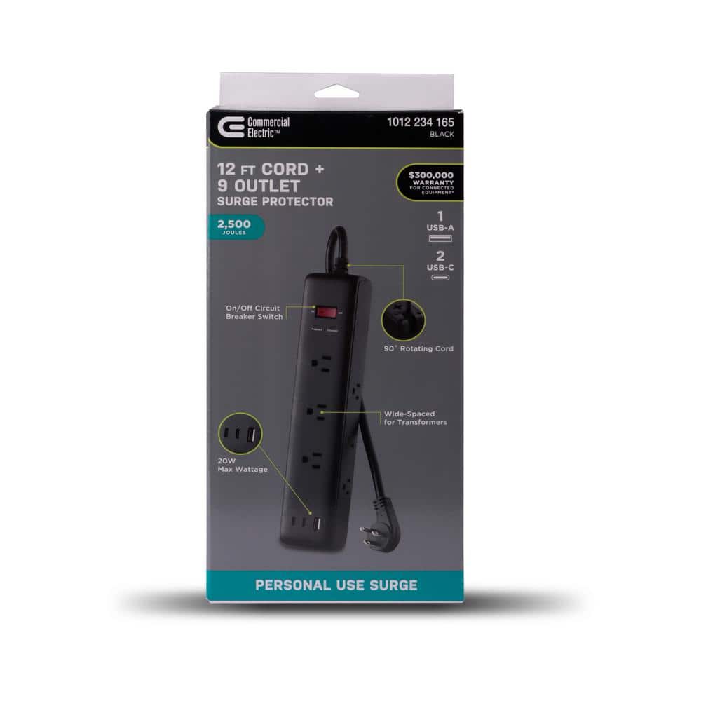 Commercial Electric 12 ft. 9-Outlet Surge Protector with 1 USB-A and 2 USB-C, Black (2)