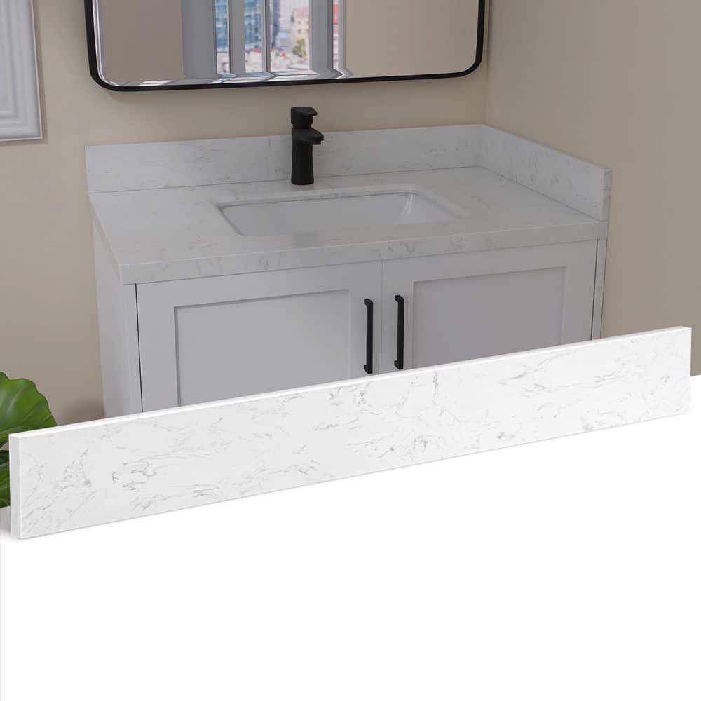 Zeafive Cala 36.5 in. W Cultured Marble Vanity Backsplash Bathroom Countertop Splash Guard in Carrara White (1)
