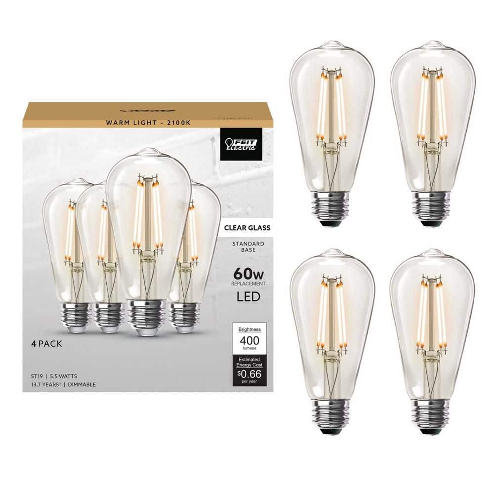 Feit Electric 60-Watt Equivalent ST19 Dimmable Straight Filament Clear Glass E26 Vintage Edison LED Light Bulb, Warm White (4-Pack)