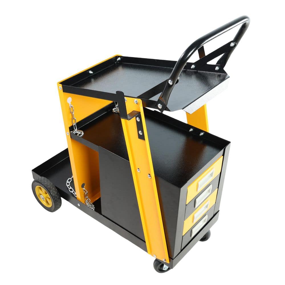 Oerbin Multi-function welder trolley, MIG TIG ARC plasma cutter storage tank with 2 safety chains, portable 4-drawer chest
