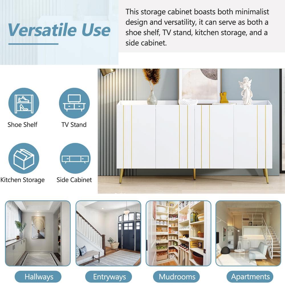 Unbranded 62.9 in. W x 14.9 in. D x 31.4 in. H White Wood Linen Cabinet with 5 Metal Legs, 4 Adjustable Shelves, Gold Lines Doors (3)