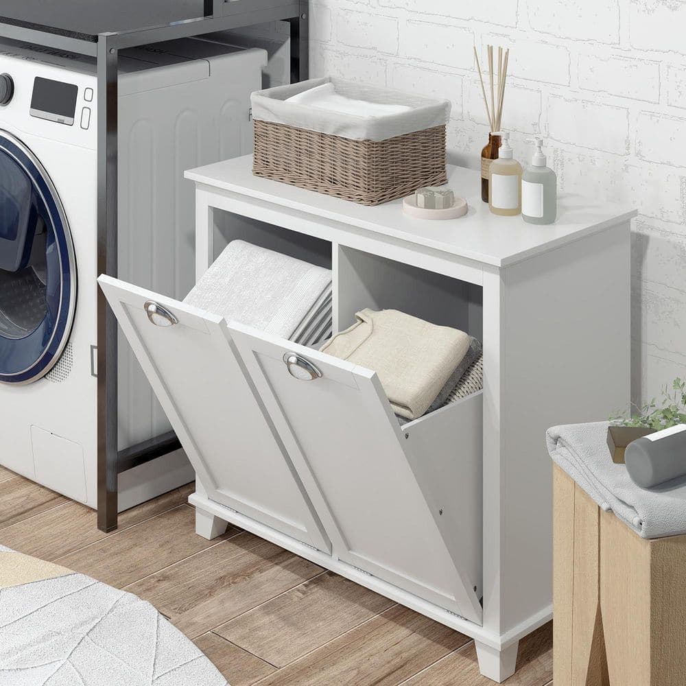 Buruis 26 in. W x 13 in. D x 26.8 in. H White Bathroom Linen Cabinet with 2-Large Tilt-Out Laundry Hampers (2)