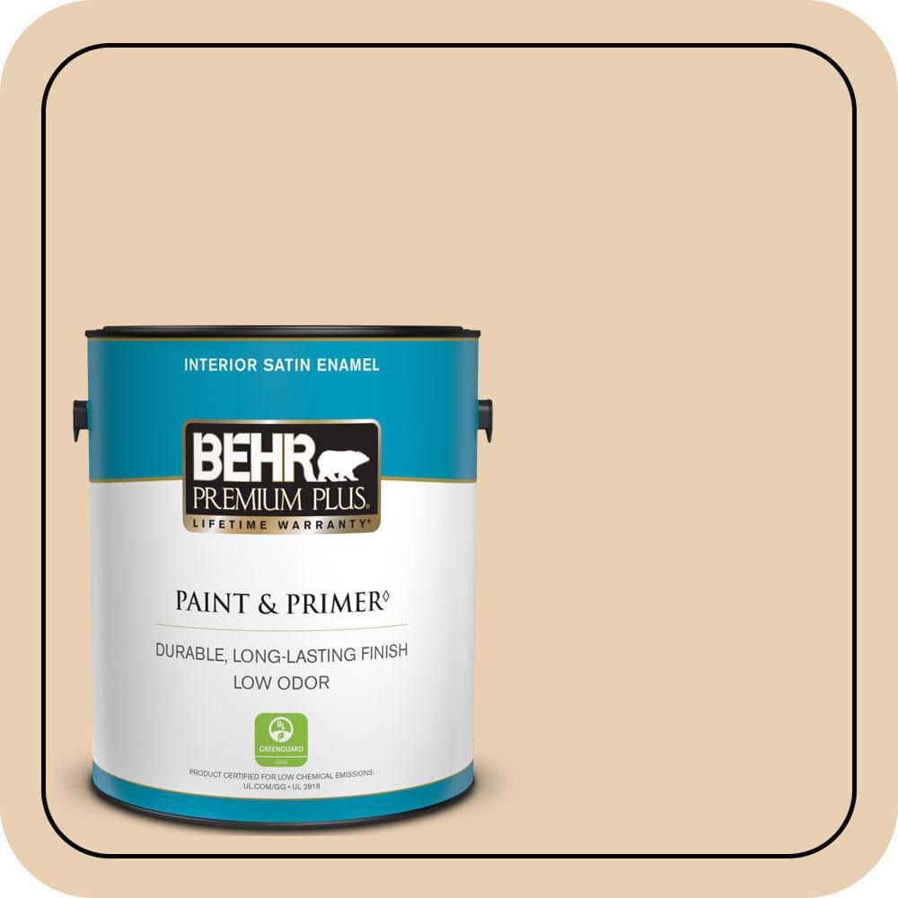 BEHR PREMIUM PLUS 1 gal. #S290-2 White Bean Hummus Satin Enamel Low Odor Interior Paint & Primer
