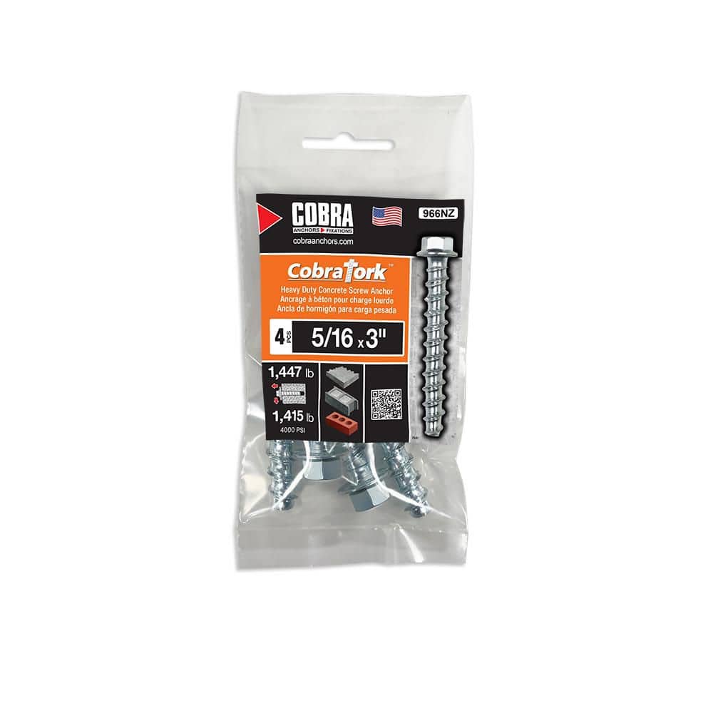 Cobra Anchors CobraTork 5/16 in. x 3 in. Zinc Plated Concrete Screw Anchors (4-Pack) (1)