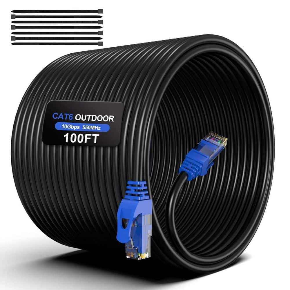 Lukyamzn 100ft Cat6 Ethernet Cable 24AWG 4 Pair Direct Burial Outdoor Waterproof UV Resistant for LAN Network with 25 Cable Ties