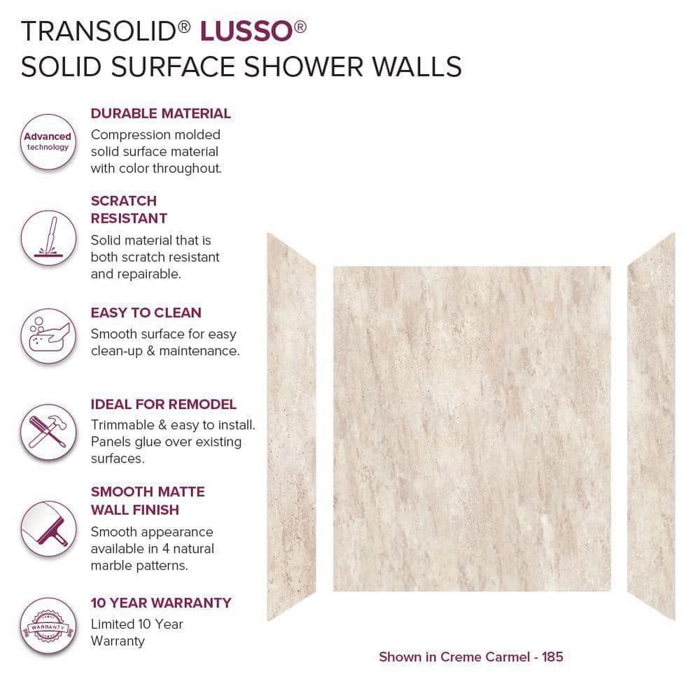 Transolid Lusso 60 in. 36 in. 72 in. 3-Piece Glue-Up Solid Surface Alcove Shower Wall Surround (3)