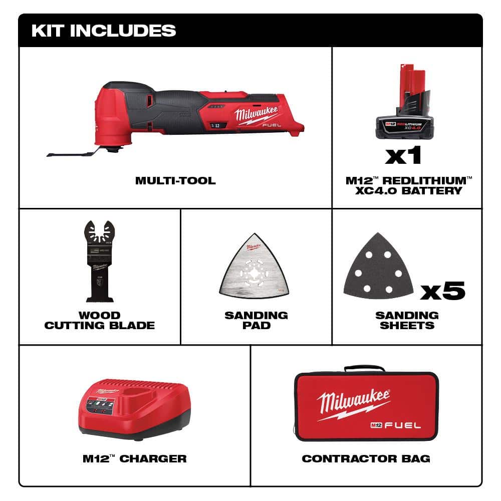 Milwaukee M12 FUEL 12V Lithium-Ion Cordless Oscillating Multi-Tool Kit with 4.0 Ah Battery, Charger, Accessories, Bag, and Fan (2)