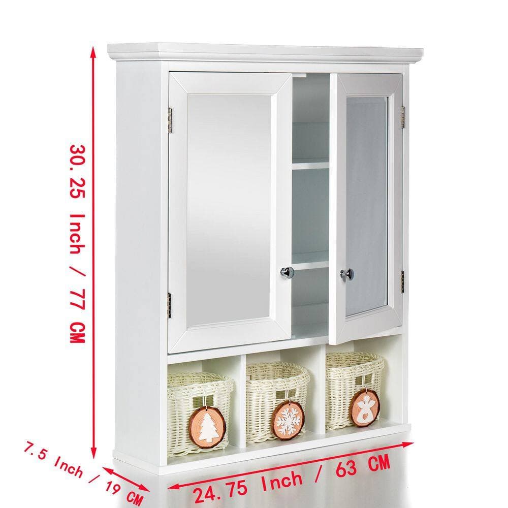 Tahanbath 7.50 in. W x 24.75 in. D x 30.25 in. H Bathroom Storage Wall Cabinet in White with 2 Mirror Doors and 3 Storage Basket (3)