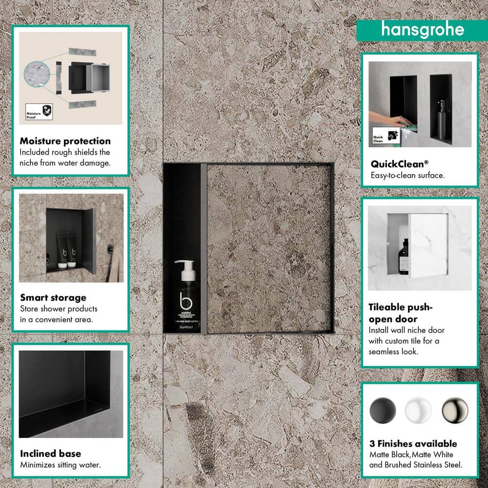 Hansgrohe XtraStoris Rock 15 in. W x 15 in. H x 6 in. D Stainless Steel Shower Niche with Tileable Door in Matte Black (2)