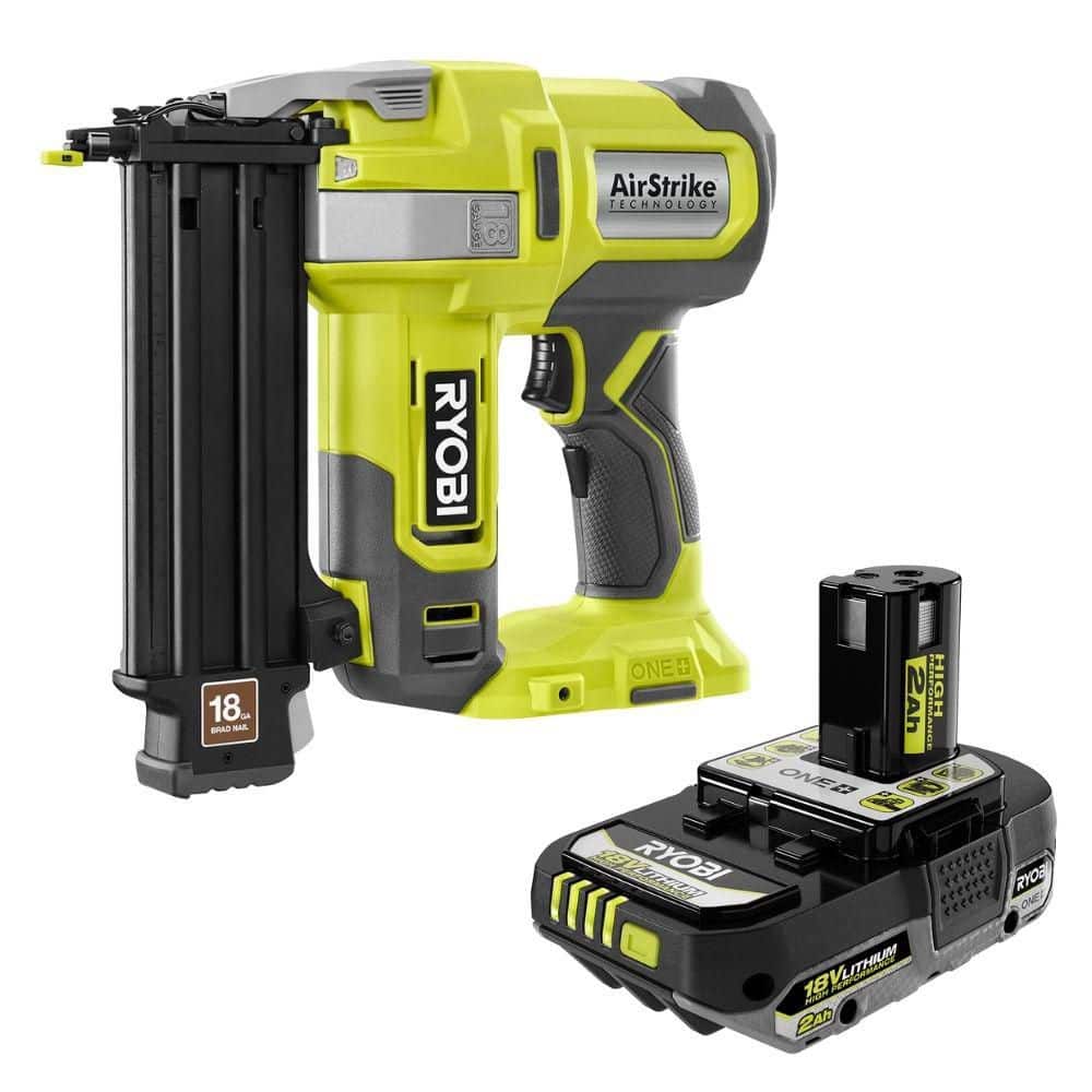 RYOBI ONE+ 18V 18-Gauge Cordless AirStrike Brad Nailer with 2.0 Ah HIGH PERFORMANCE Battery