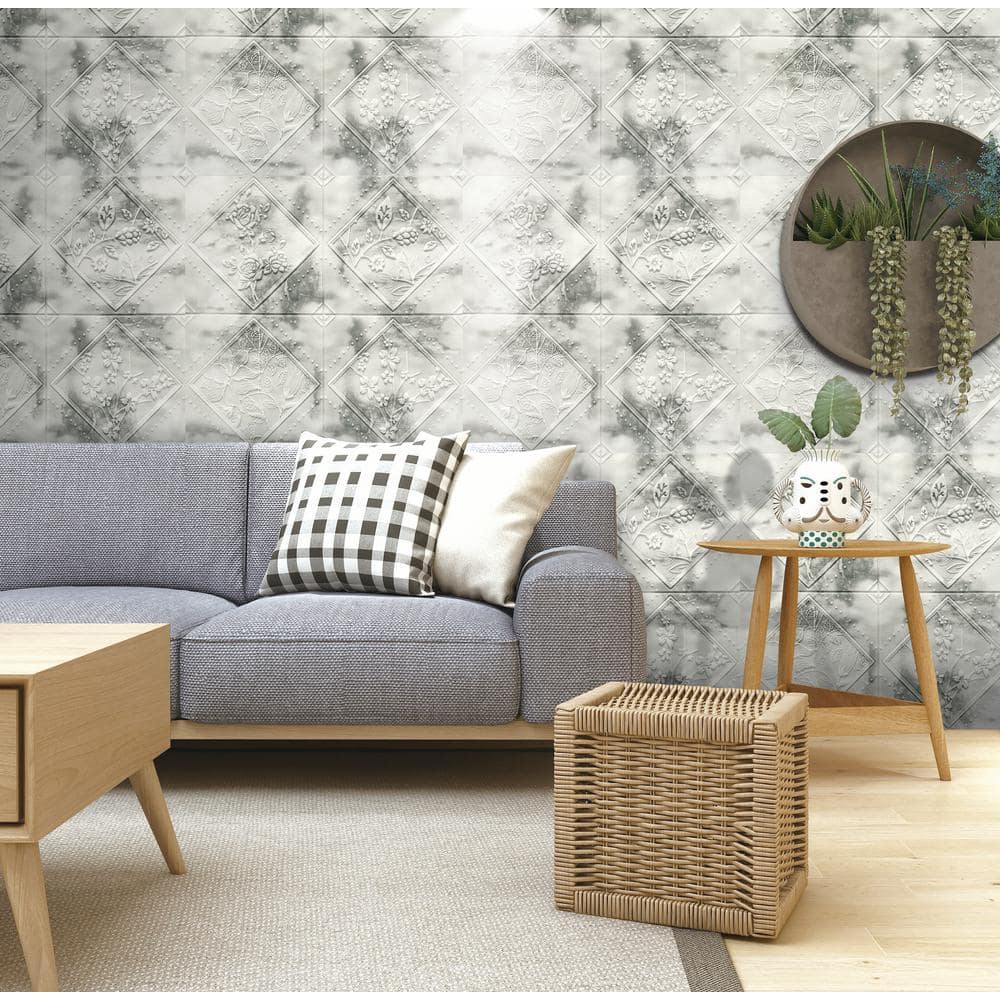 Dundee Deco Falkirk Jura II 1/3 in. 28 in. 28 in. Peel and Stick Off White Charcoal Flowers Rhombus Foam Decorative Wall Paneling (2)
