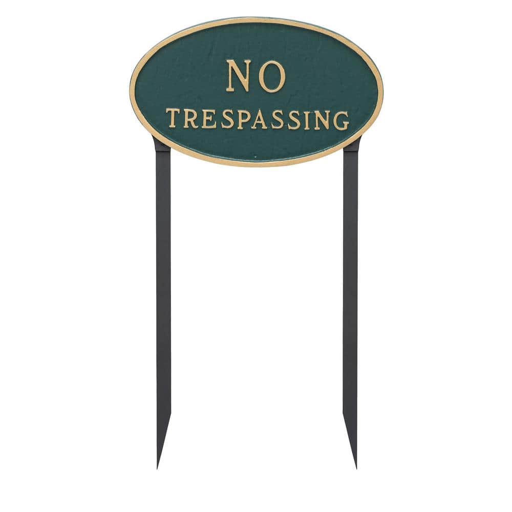 Montague Metal Products 10 in. x 18 in. Large Oval No Trespassing Statement Plaque with 23 in. Lawn Stakes, Hunter Green with Gold Lettering (2)