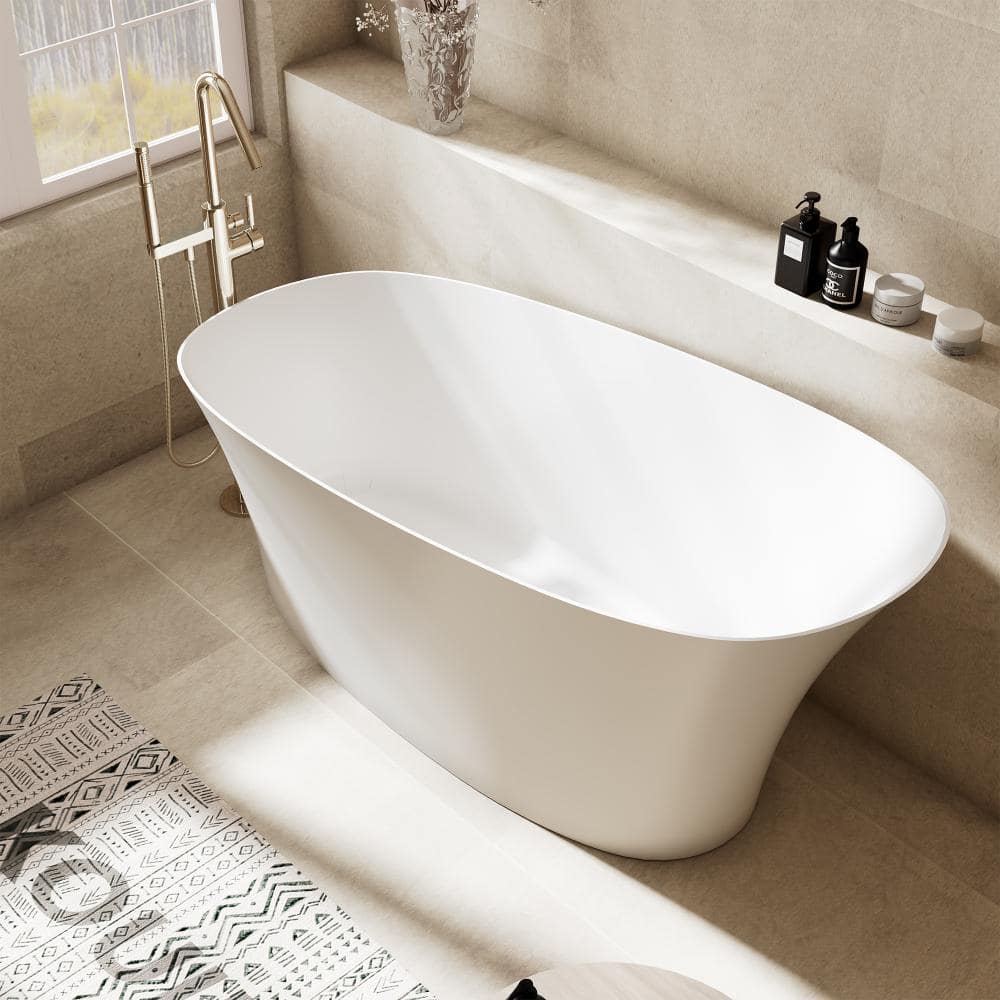 KOUIMO 67 in. Solid Surface Freestanding Soaking Bathtub, Flat Bottom, Matte White (2)
