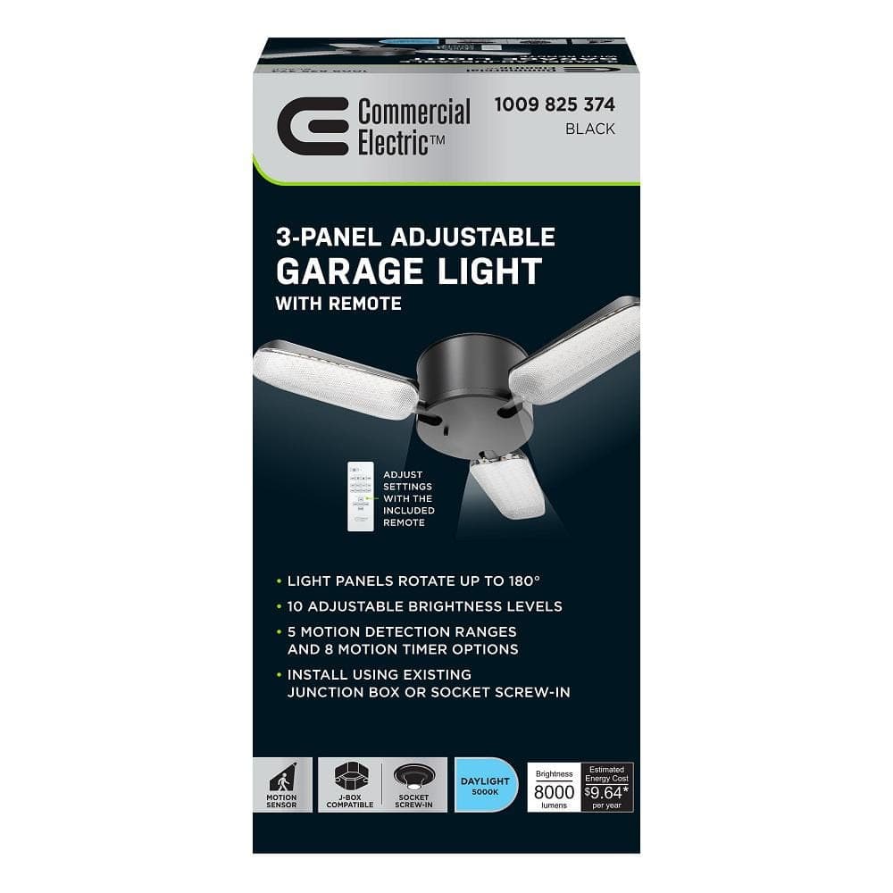 Commercial Electric 1.25 ft. 3-Head 8000 Lumens 500- Watt Equivalent Black Integrated LED Convertible Utility Shop Light with Remote (4)
