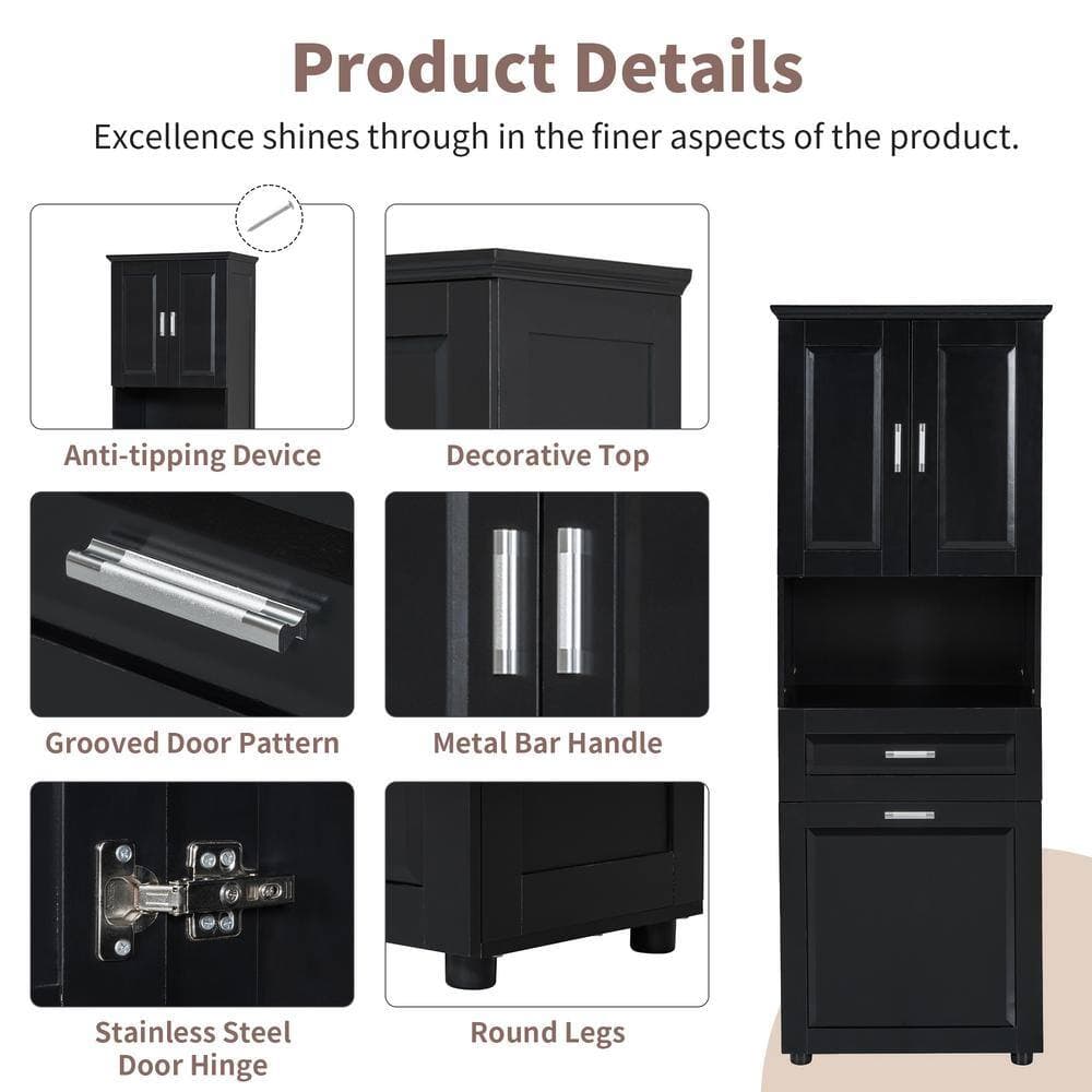 Unbranded 24.72 in. W x 16.29 in. D x 69.92 in. H Black Linen Cabinet Bathroom Storage Cabinet with Laundry Basket and Storage (3)
