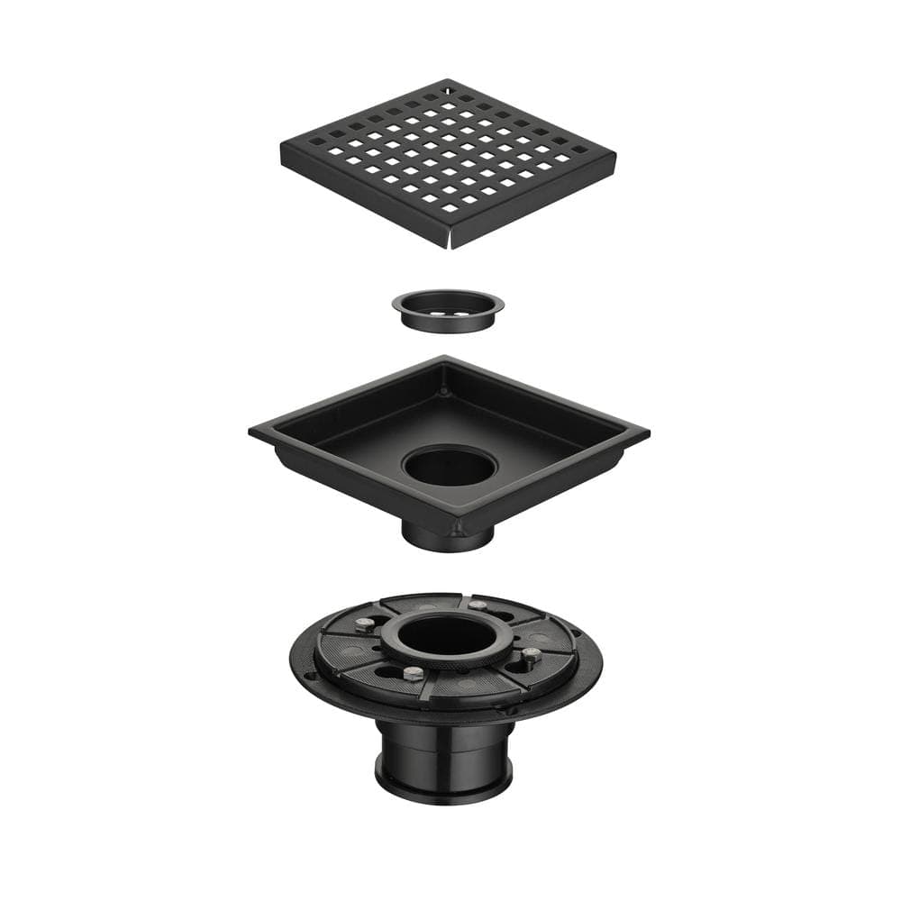 Tahanbath 6 in. Square Shower Floor Drain Square Shower Floor Drain with Flange, Pattern Grate Removable in Matte Black (2)