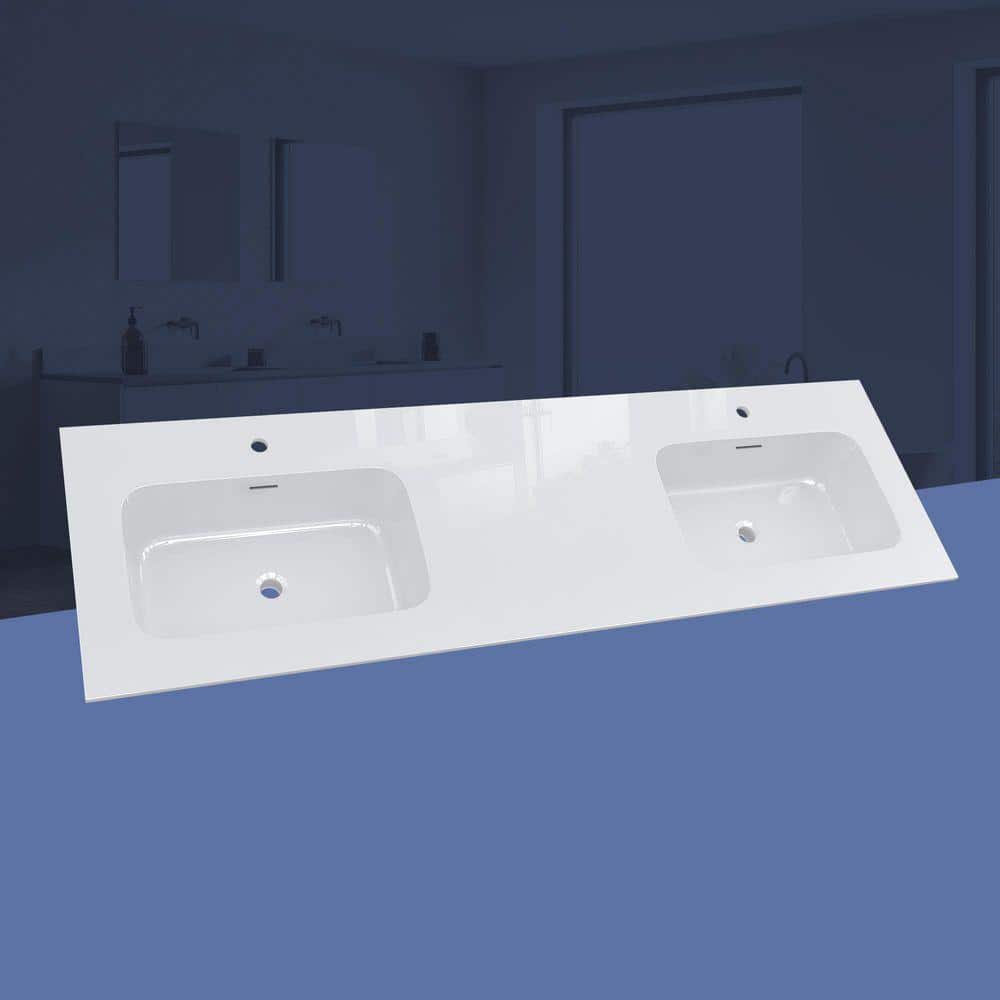 NTQ 72 in. W x 22 in. D Rectangular Double Sink Bathroom Vanity Top White Solid Surface Resin Vanity Top in Glossy White (2)