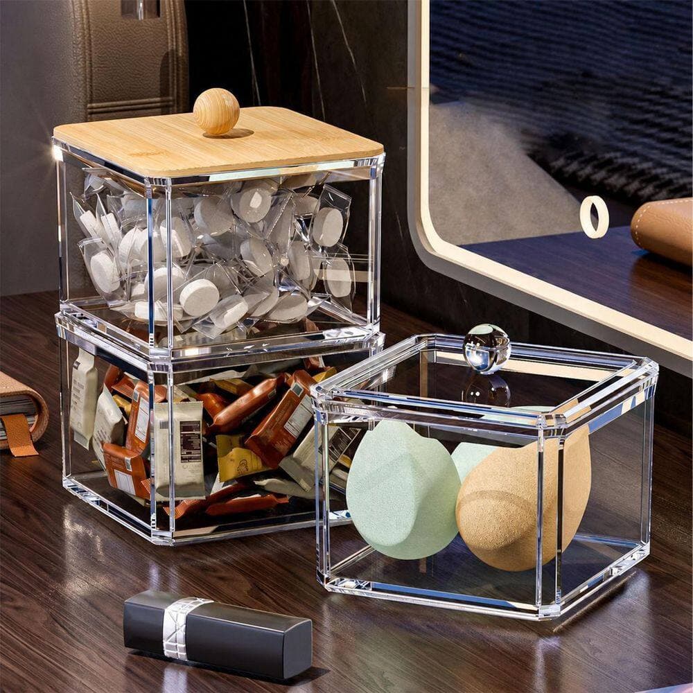 KHKFY 2-Pack Clear Acrylic Square Storage Canisters with Lids Bathroom Q-Tip Holder Dispenser for Cotton Balls (3)
