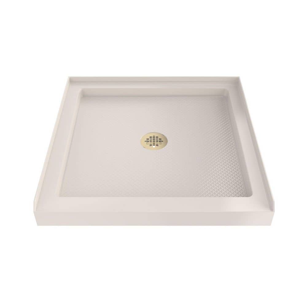 DreamLine SlimLine 36 in. L x 36 in. W Alcove Square Biscuit Shower Pan Base with 2 in. Round Center Drain in Polished Brass (1)