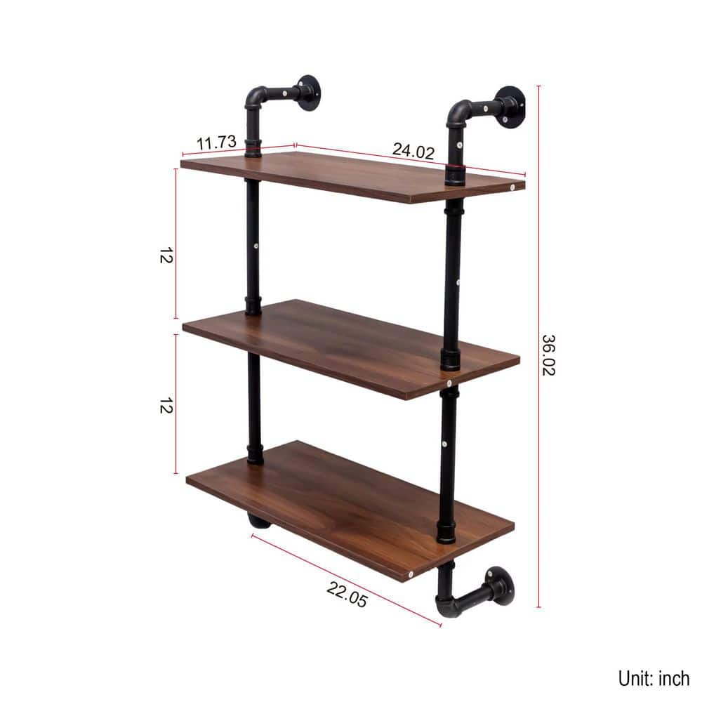 Unbranded 0.866 in. x 3 ft Black Iron Industrial Pipe Shelf 3-Tier and 2-Tier Wall Mounted Shelves 36 in. Wood Display Shelves (3)