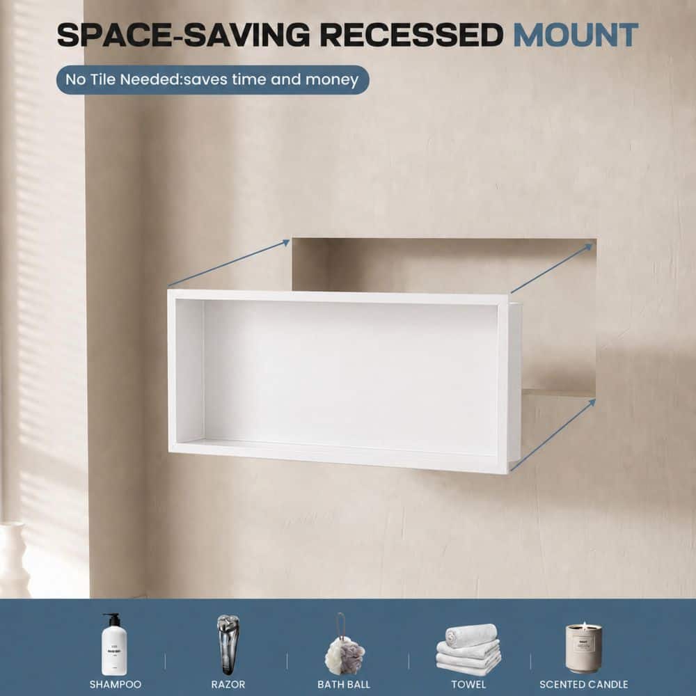 Yuaris 30 in. W x 12 in. H x 4 in. D Waterproof Recessed Shower Niche Storage Shelf in White, No Tile Needed (2)