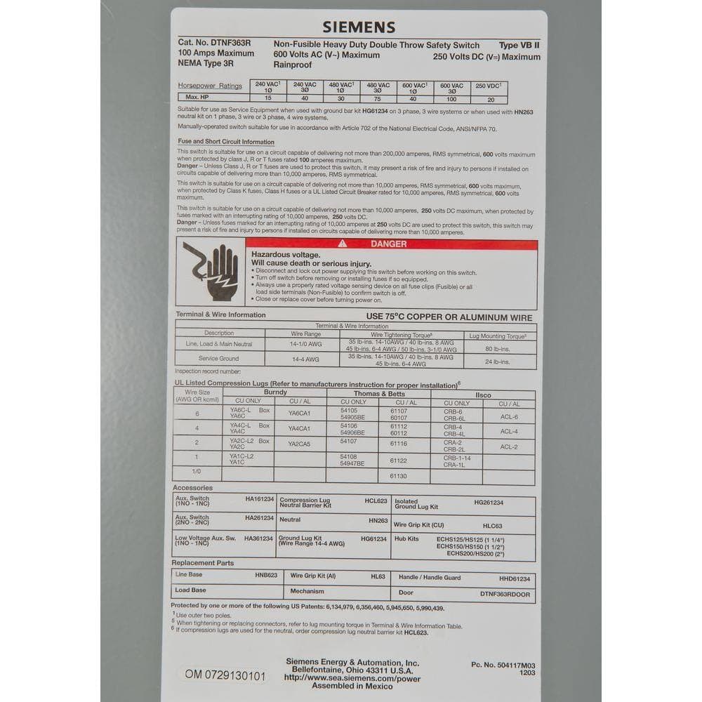 Siemens Double Throw 100 Amp 600-Volt 3-Pole Outdoor Non-Fusible Safety Switch (3)