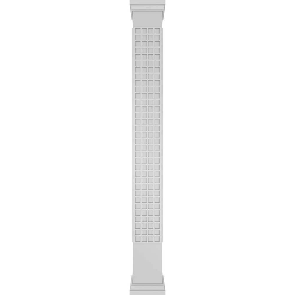 Ekena Millwork 9-5/8 in. x 8 ft. Premium Square Non-Tapered Manchester Fretwork PVC Column Wrap Kit with Prairie Capital and Base (2)
