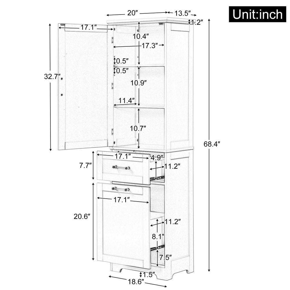 Otryad 20 in. W x 13.5 in. D x 68.4 in. H White MDF Freestanding Linen Cabinet with Adjustable Shelf and 2-Drawers (2)