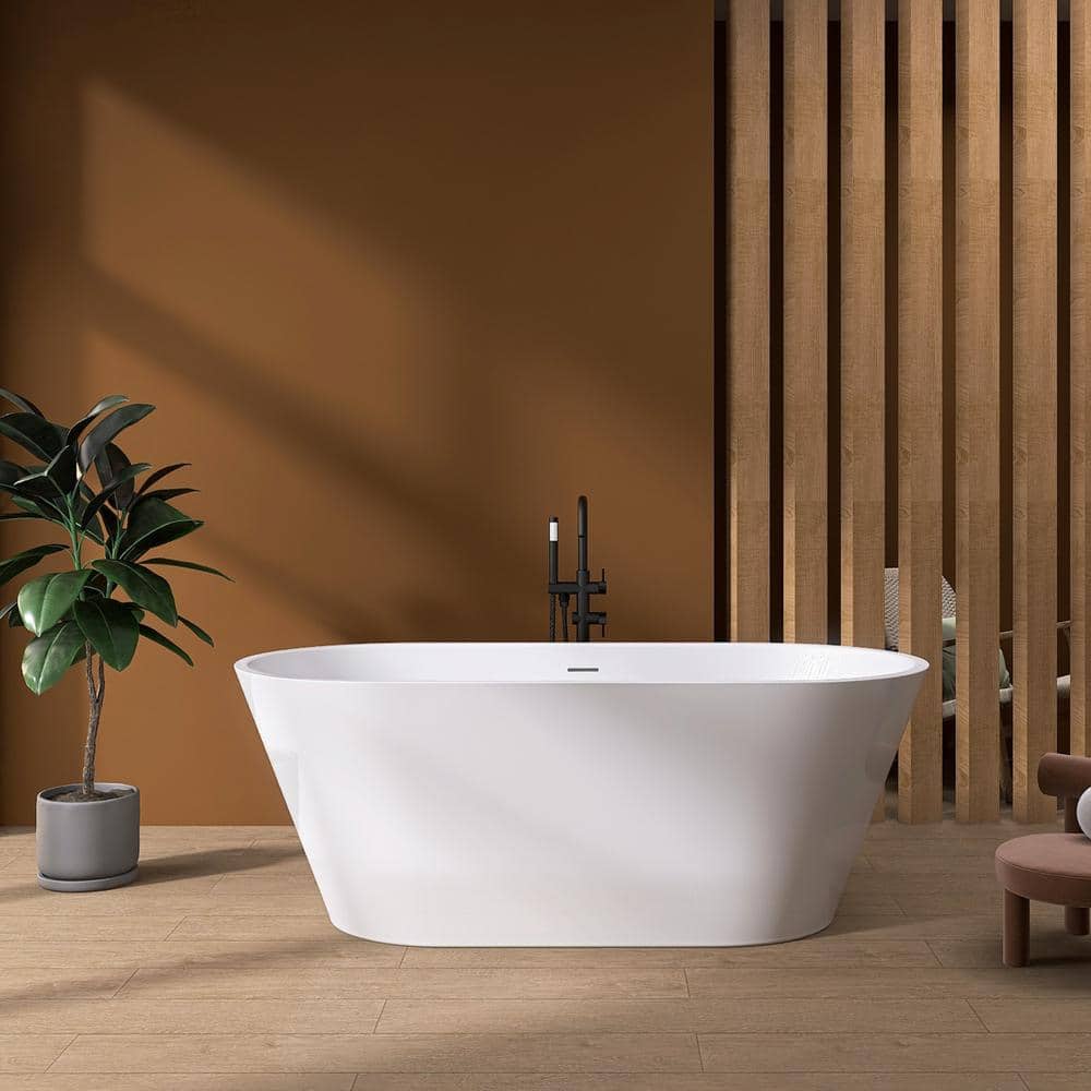 Xspracer Moray 55 in. x 27 in. Acrylic Flatbottom Freestanding Soaking Non-Whirlpool Bathtub with Pop-up Drain in Glossy White (1)