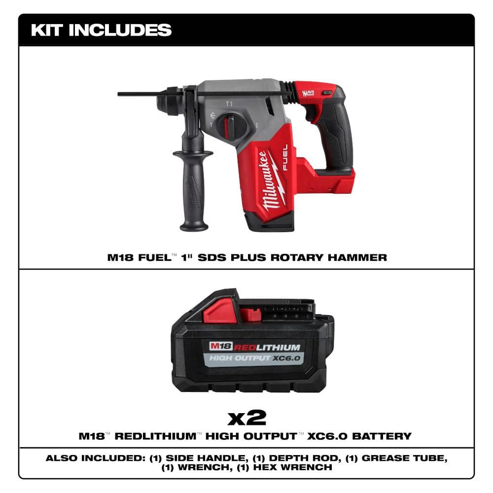 Milwaukee M18 FUEL 18V Lith-Ion Brushless Cordless 1 in. SDS-Plus Rotary Hammer w/ (2) High Output 6.0 Ah Battery Pack (2)