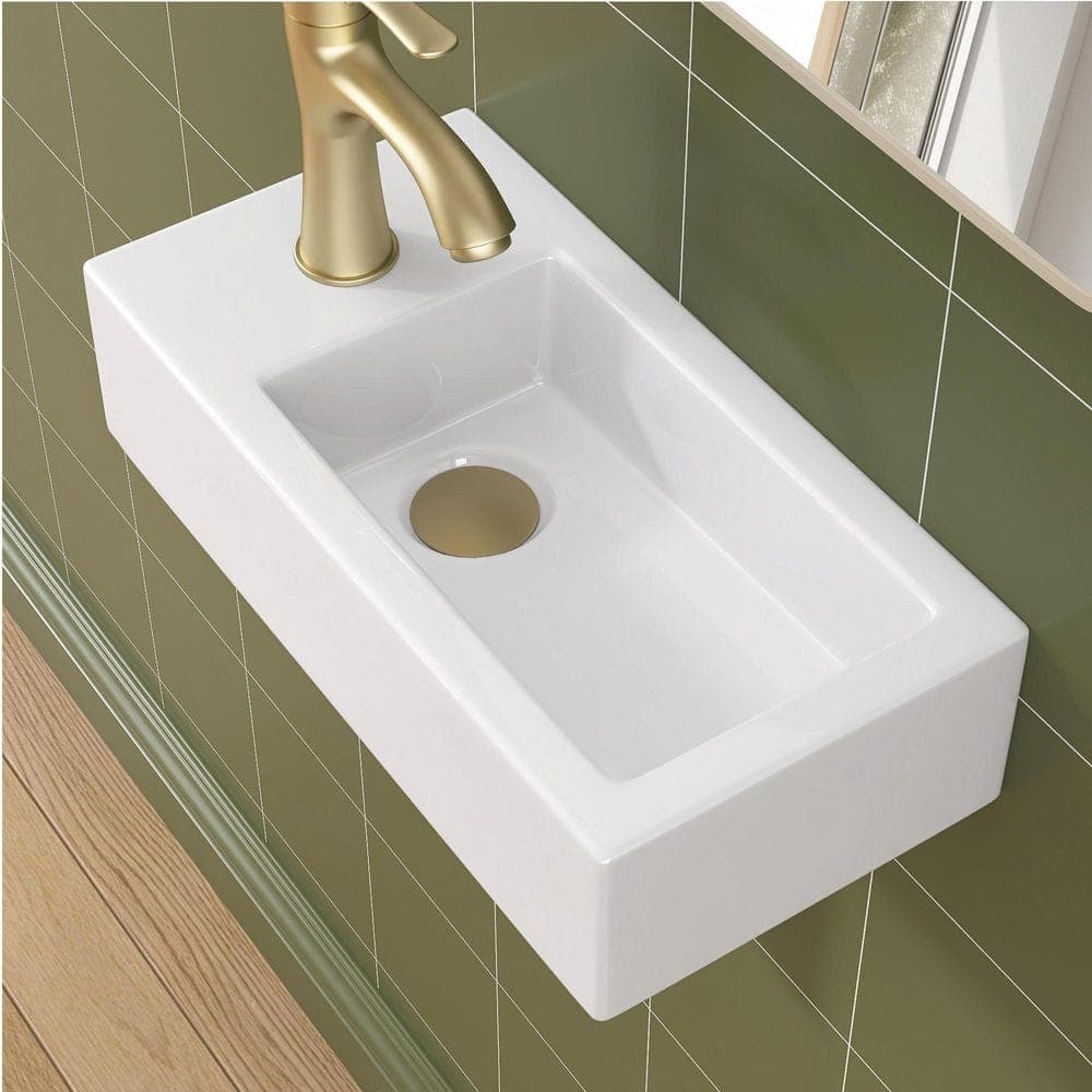 Zeafive 14.63 in. W x 7.13 in. D Wall-Mounted Rectangular Bathroom Sink in White Ceramic with Single Faucet Hole