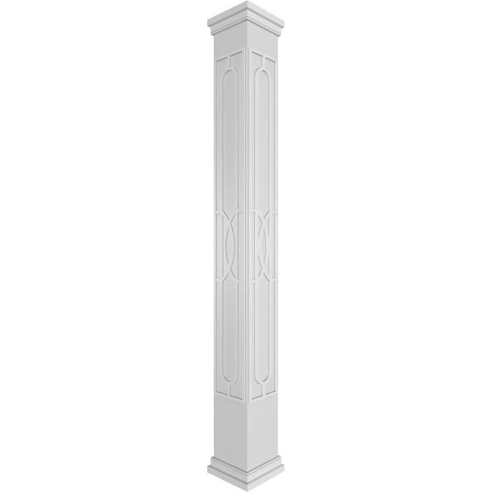 Ekena Millwork 7-5/8 in. x 9 ft. Premium Square Non-Tapered Calico Fretwork PVC Column Wrap Kit w/Prairie Capital and Base (1)