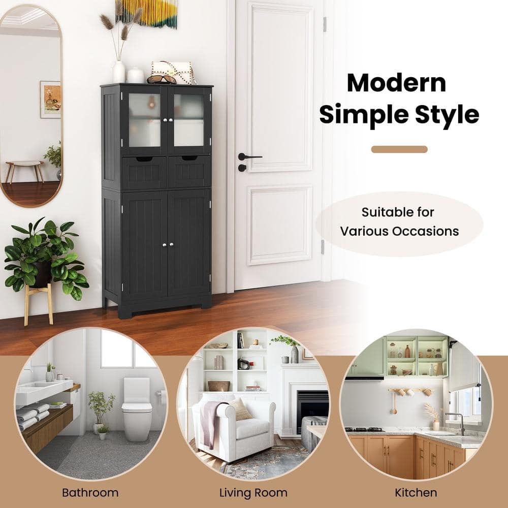 HONGGE Freestanding 4-Door Storage Cabinet with 2 Drawers Tempered Glass Doors 3-Position Shelves Anti-Toppling (2)