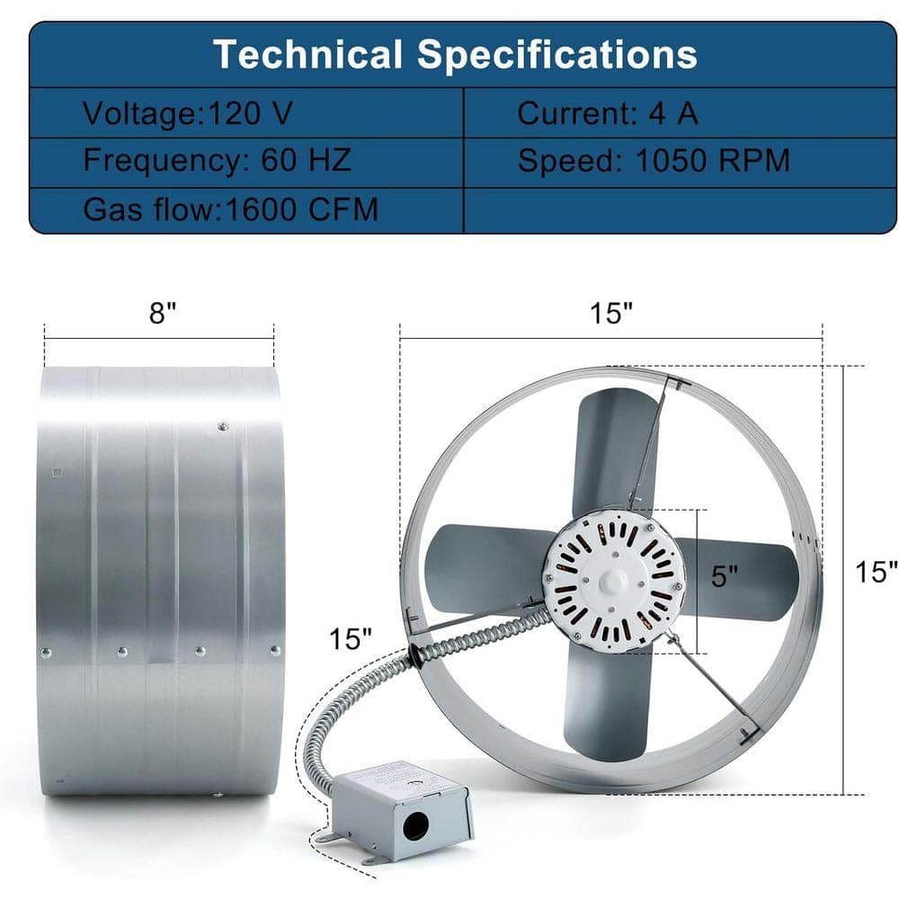 KIWDZFU 15 Gable Mount Ventilation Fan with Adjustable Thermostat for Attic Shed Garage 1600CFM 2400 sq. ft Coverage (2)
