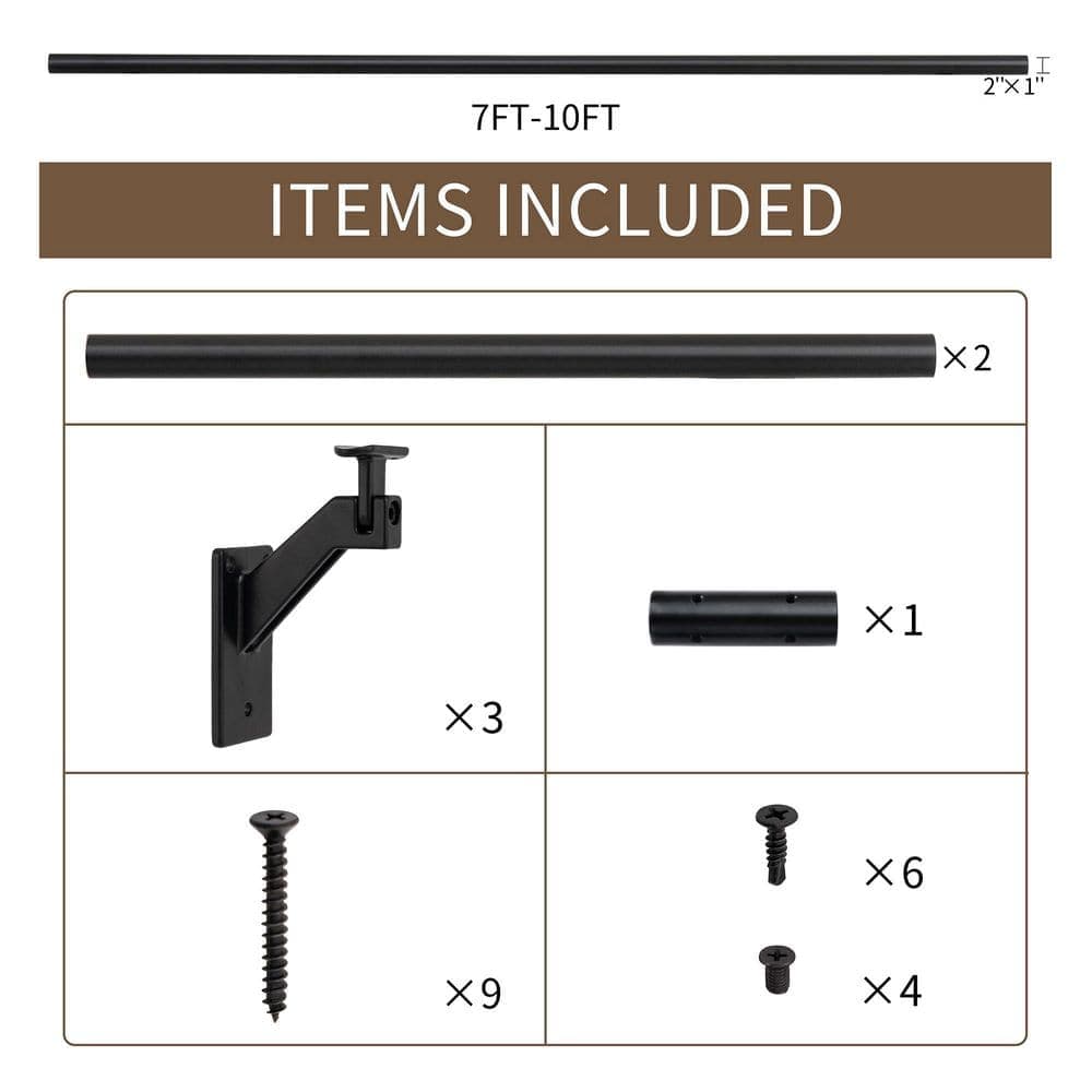 Unbranded 9 ft. Aluminum Handrail for Cable Railing System Matte Black Round Bar 1.4 in. Dia Adjustable Brackets Kit (2)