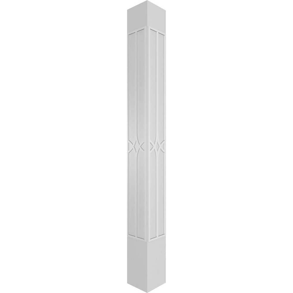 Ekena Millwork 9-5/8 in. x 8 ft. Premium Square Non-Tapered Cedar Park Fretwork PVC Column Wrap Kit with Tuscan Capital and Base (3)