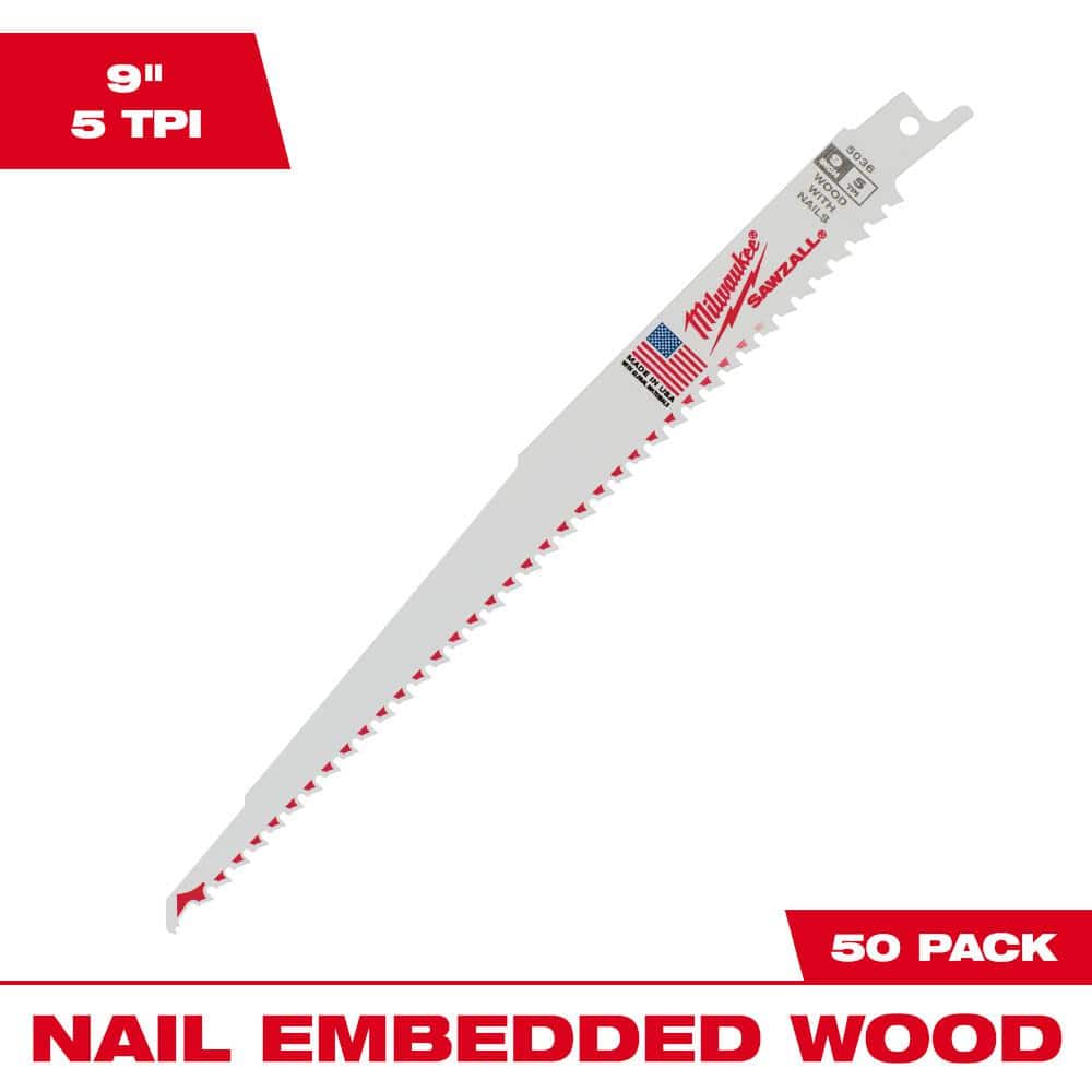 Milwaukee 9 in. 5 TPI Thin Kerf Wood Cutting SAWZALL Reciprocating Saw Blades (50-Pack) (1)