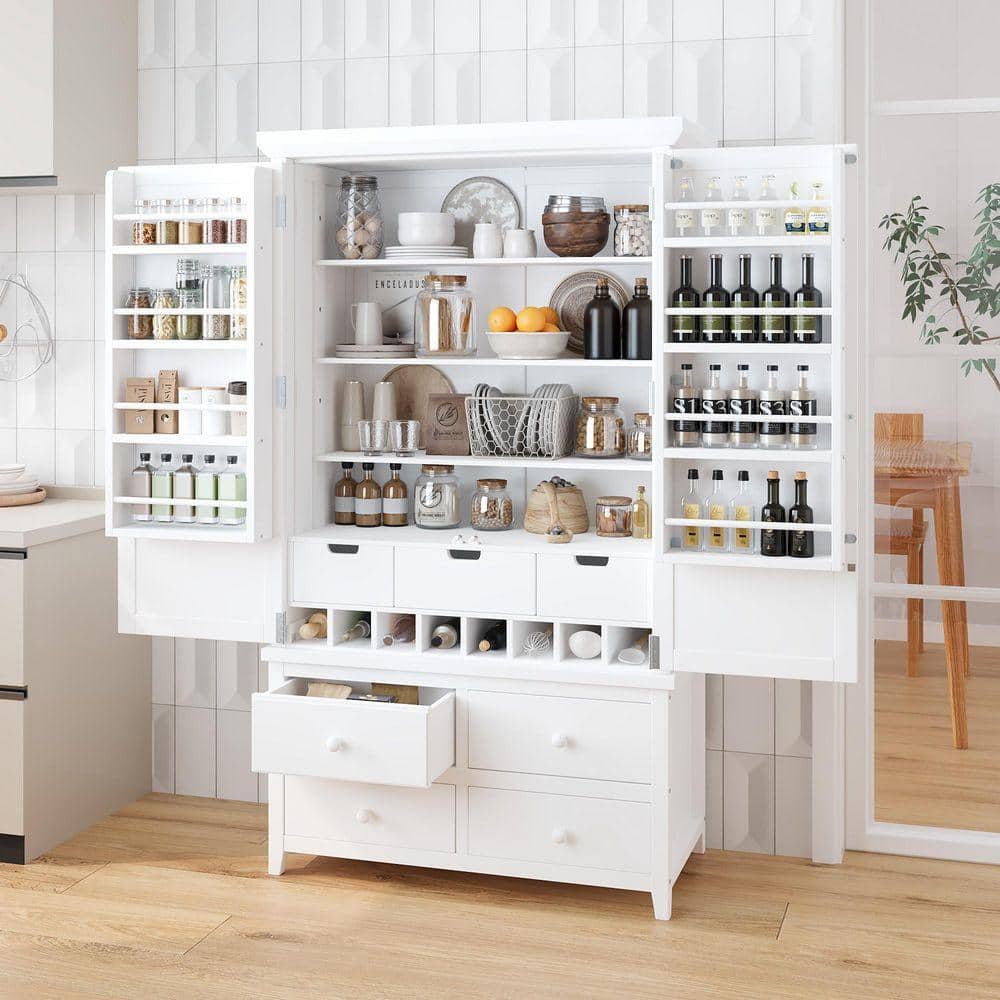 XUJMK 41 in. W x 20 in. D x 71 in. H White Linen Cabinet, Freestanding Kitchen Wooden Pantry Large Cupboard Storage Cabinet (3)