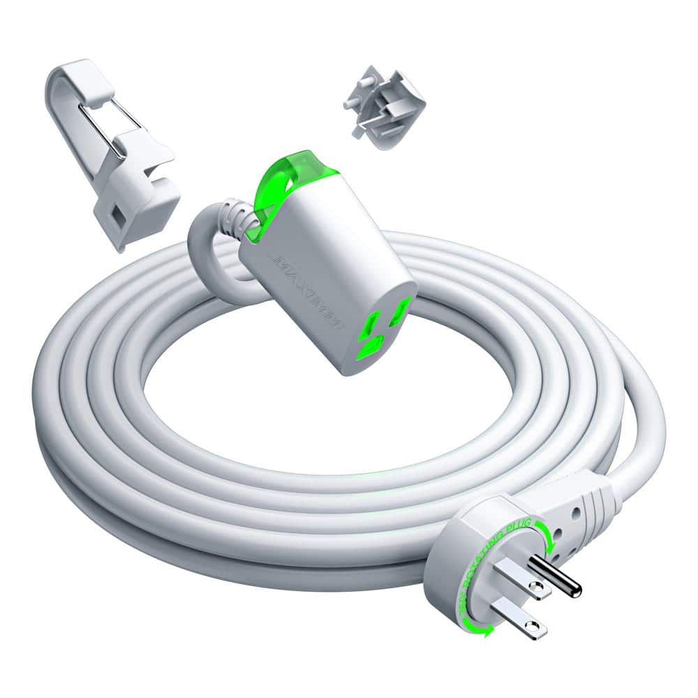MAXIMM 10 ft. 16/3 Light Duty Indoor Extension Cord 360° Rotating Flat Plug 1-Outlet with Handle with Hook (Lighted), White (1)